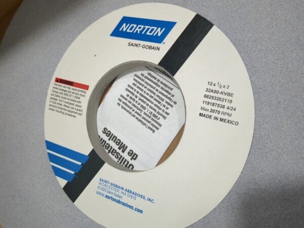 NORTON Surface Grinding Wheel 12"Dia 1/2"Thick 3"Arbor 80 Grit 66253262110