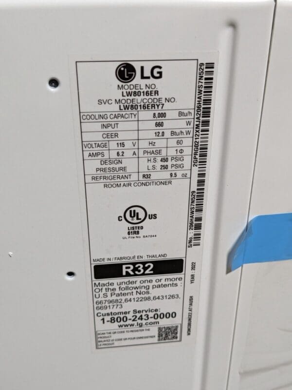 LG Window Air Conditioner AC Unit 8000 BTU 340 Sq. Ft. 115v 6.2 Amp LW8016ER