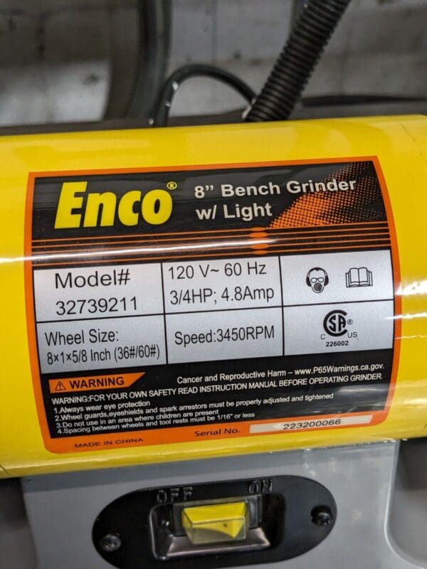 Enco Bench Grinder w/ Work Light 8" Wheel Diameter 3450 RPM Max 3/4 HP 120v