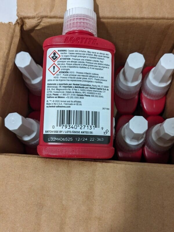 LOCTITE Threadlocker: Red, Liquid, 50 mL, Bottle Exp. 12/24 Qty 10 135381