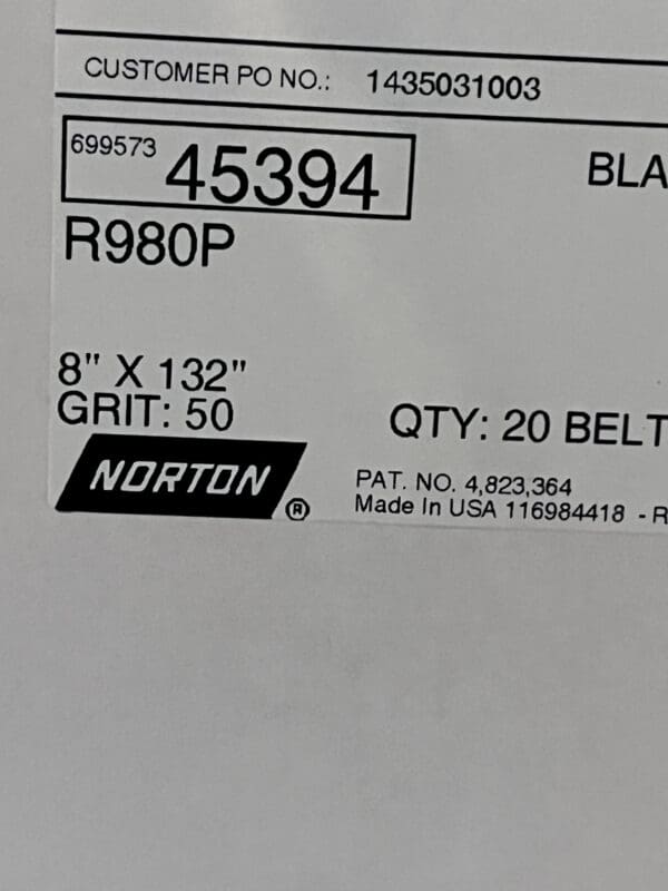 Norton Abrasive Belts 8X132 50G SANDING BELT QTY 20 69957345394