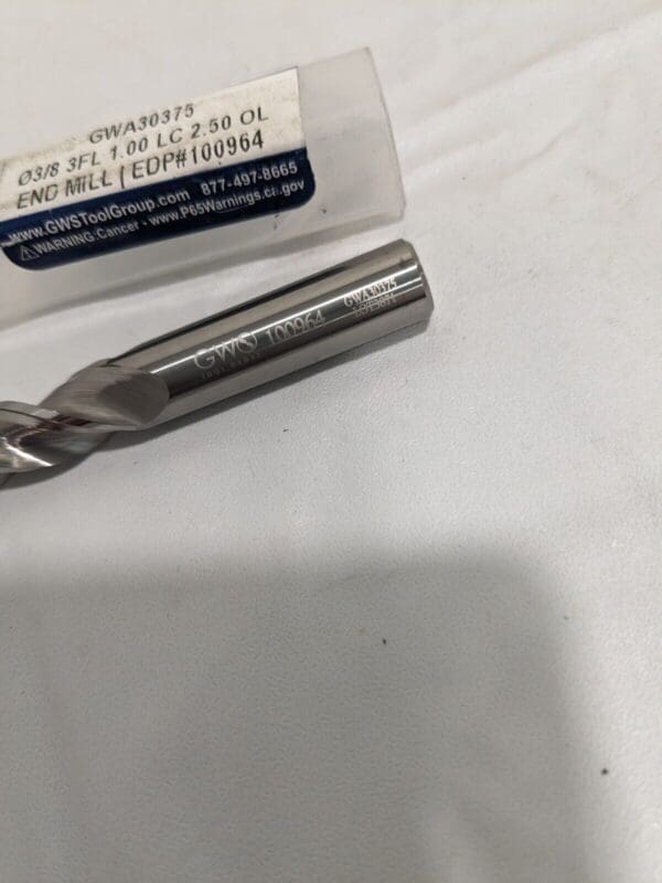 GWS Square End Mill: 3/8" Dia, 1" LOC, 3 Fl Solid Carbide