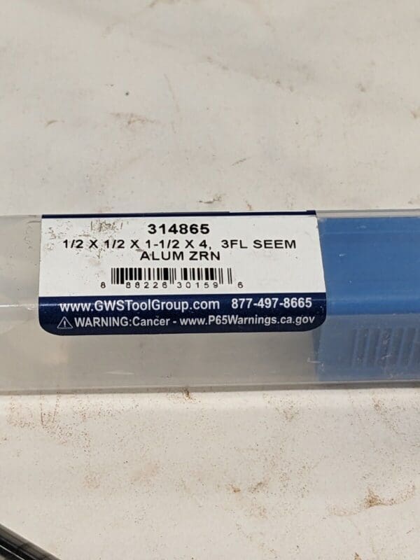 GWS Square End Mill: 1/2" Dia, 1-1/2" LOC, 3 FL 314865