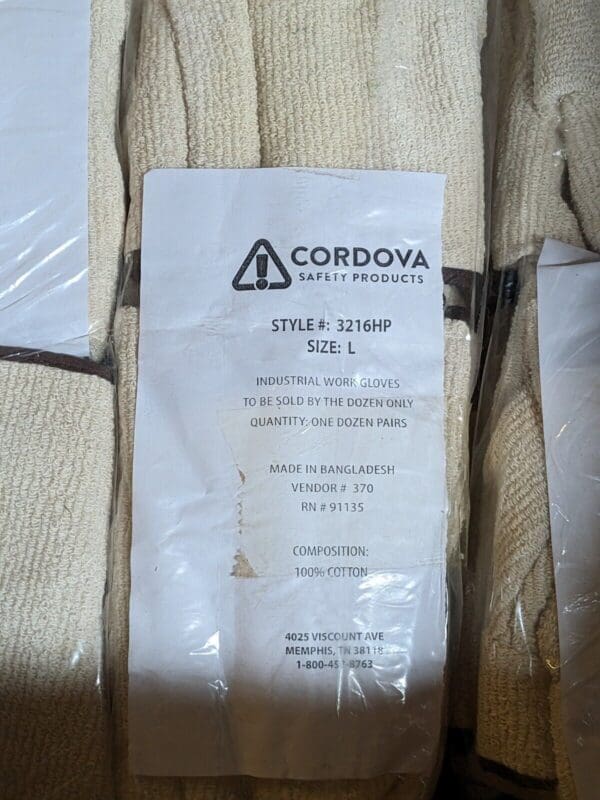 CORDOVA Cotton Gloves Terry Hand Pad 6.5-Inch Length Inset SZ L Qty 72 3216HP