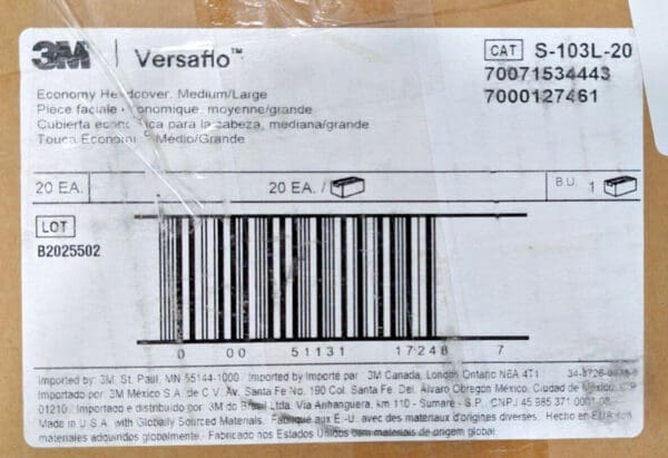 CASE OF 20 3M Versaflo Economy Headcovers Medium/Large S-103L-20 7000127461