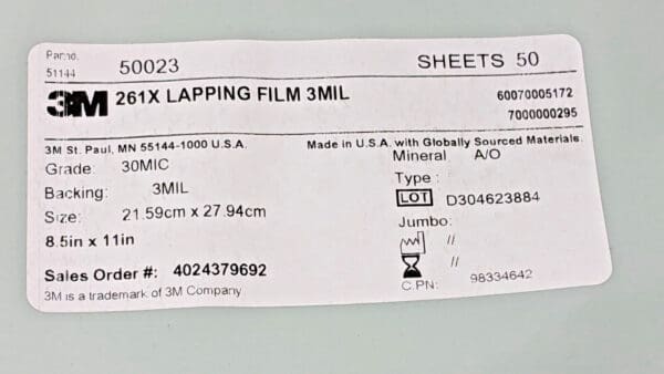 PACK OF 50 3M 261X Lapping Film Sheets Green A/O 8.50"X11" 30 Micron 7000000295