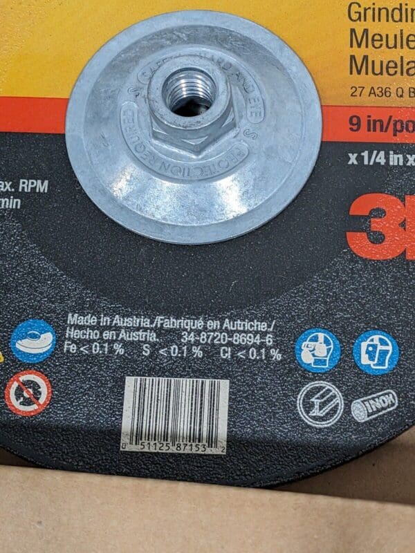 3M Depressed-Center Wheel: Type 27, 9" Dia, 1/4" Thick Qty 8 7100103313