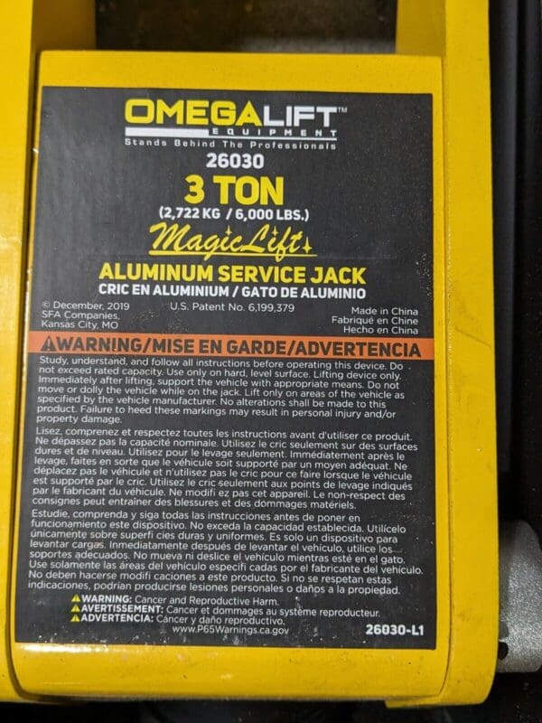 Omega Lift Magic Lift Aluminum Hydraulic Service Jack 3 Ton Capacity 26030