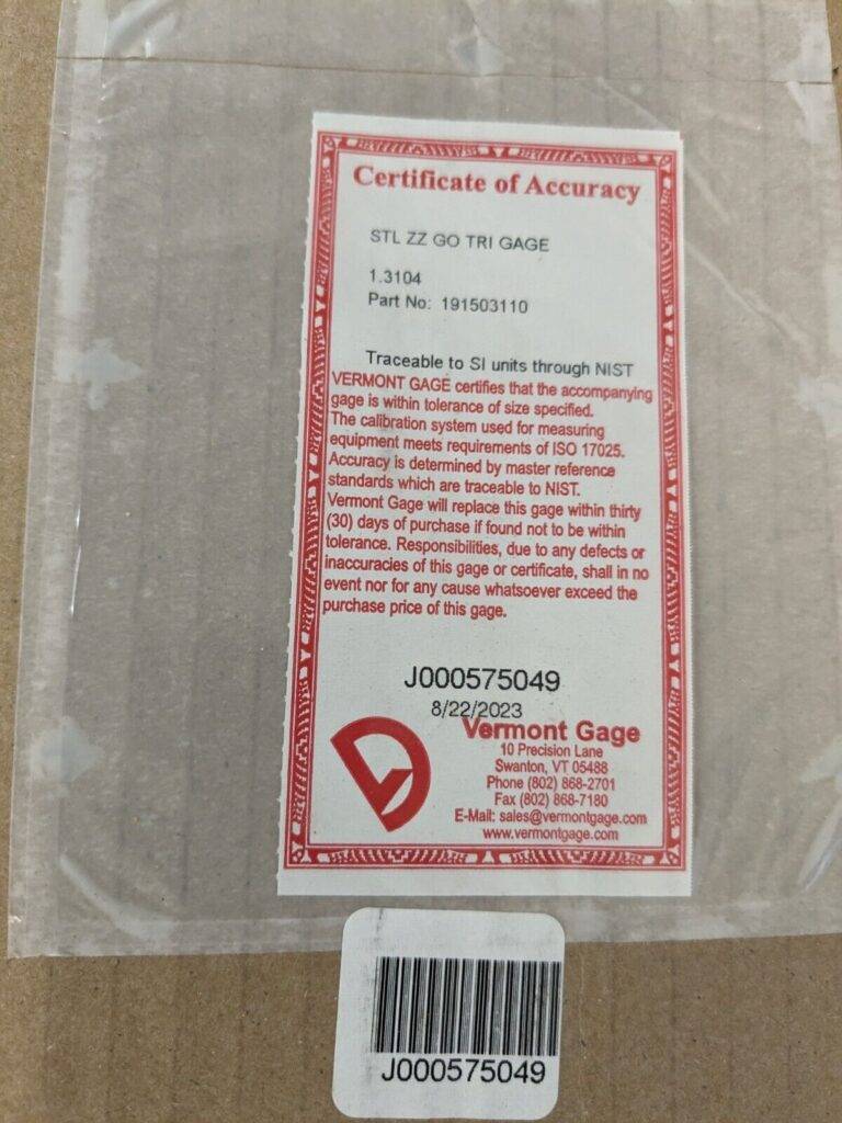 VERMONT GAGE Class ZZ Plus Plug Gage: 1.3104″ Dia 1.3104 PLUS