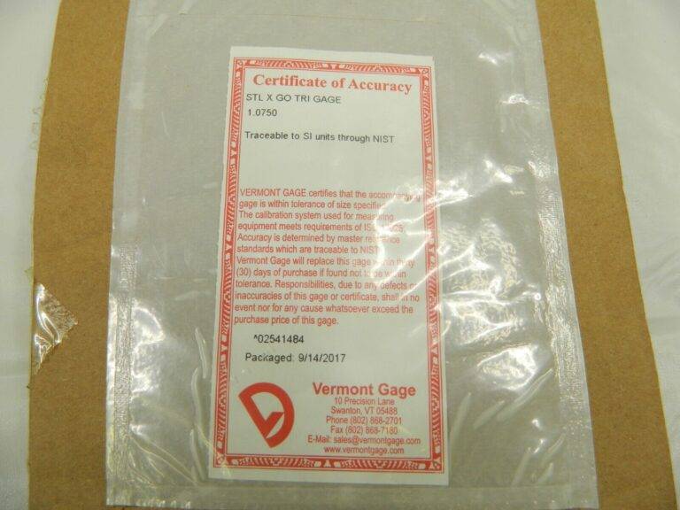 Vermont Gage Class X Plus Steel Pin Gage Go 1.0750” Plus Tolerance 191202110
