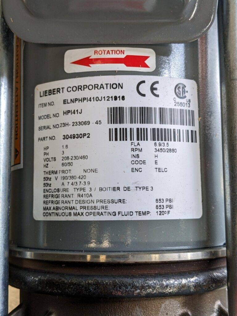 Liebert Pump 1.6 HP 208-230/460v 3 Phase HPI41J ELNPHPI410J121916 Defective