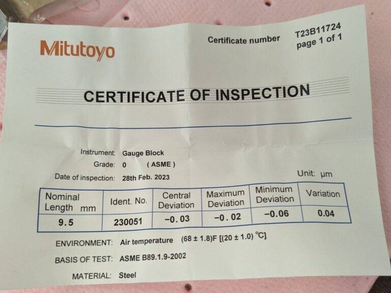 MITUTOYO Rectangle Steel Gage Block: 9.5 mm, Grade 0 611649-531