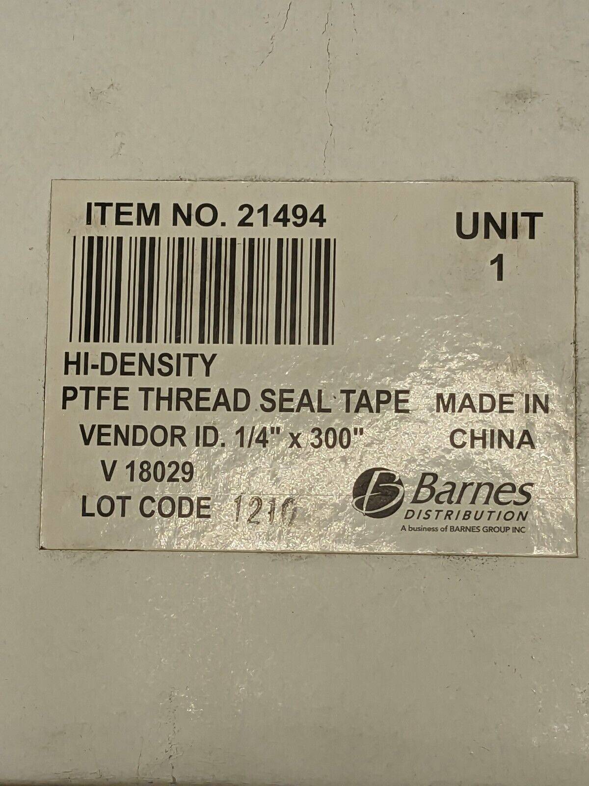 Barnes Hi-Density PTFE Thread Seal Tape 1/4" x 300" Qty 12 Rolls 21494