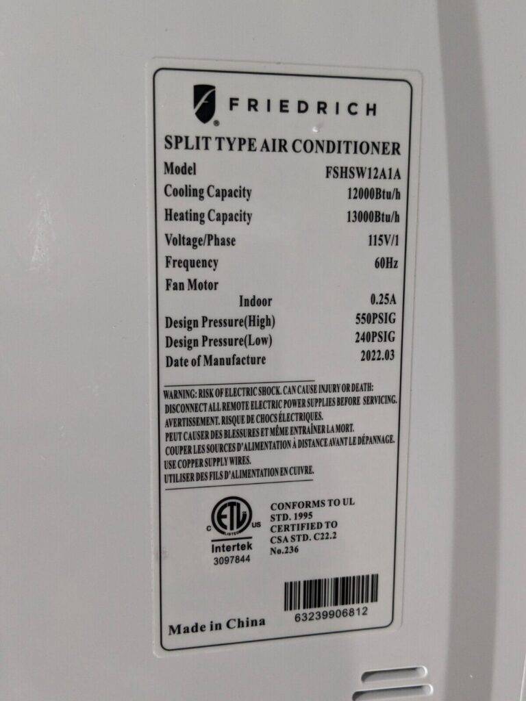 Friedrich Indoor Ductless Split Type Air Conditioner w/ Heater FSHSW12A1A