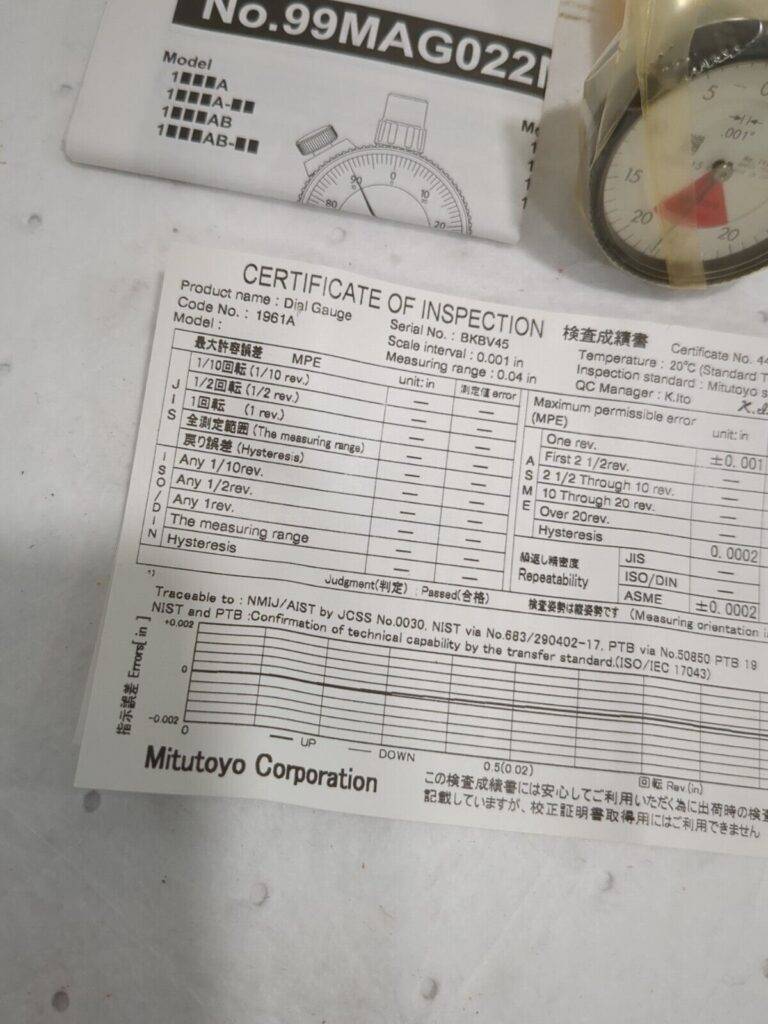 MITUTOYO Dial Drop Indicator 0.0400" Max Measurement, 20-0-20 Dial Reading 1961A