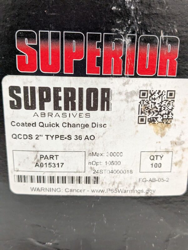 Superior Quick-Change Disc: Type S, 2" Dia, 36 Grit, AO, Coated Qty 100 A015317