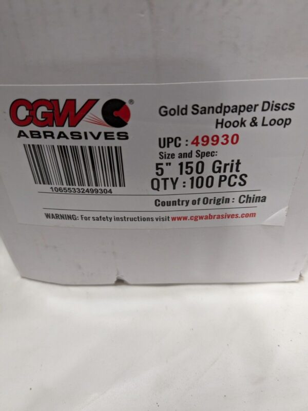 CGW Hook & Loop Disc: 5" Dia, 150 Grit, Coated, Aluminum Oxide Qty 100 49930