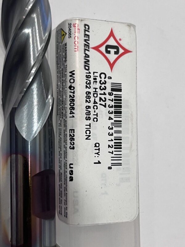 Cleveland Square End Mill: 19/32" Dia, 1-3/8" LOC, 4 Flute, HSS