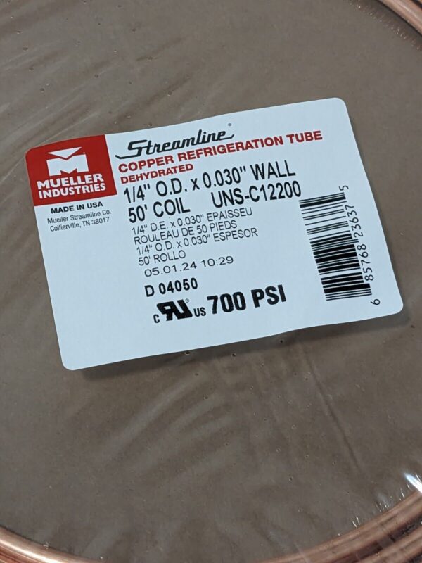 MUELLER INDUSTRIES 50' Long, 1/4" OD, Copper Seamless Tube D 04050P