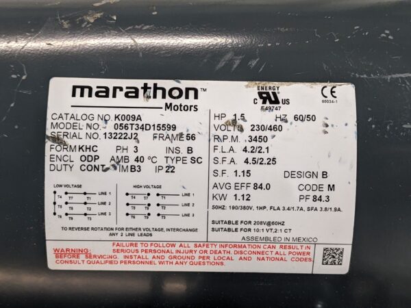 Marathon General Purpose Electric Motor 1.5 HP 3450 RPM 230/460v 3 Phase