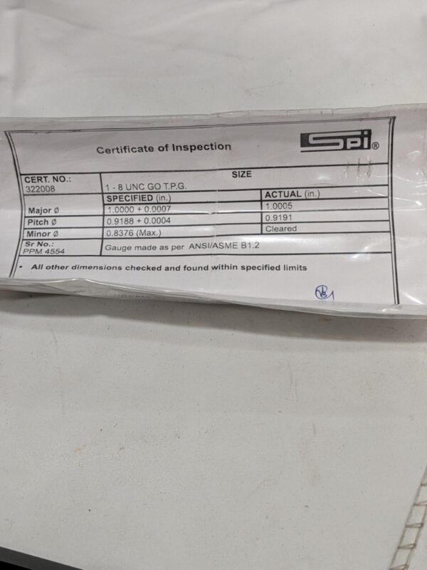 SPI Plug Thread Gage: #1-8 Thread, 2B Class, Go & No Go 34-429-1