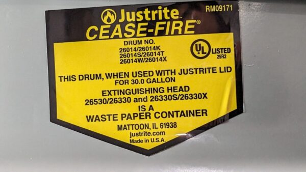 Justrite 30 Gal Cease-Fire Waste Receptacle Safety Drum Gray CAN ONLY 26014
