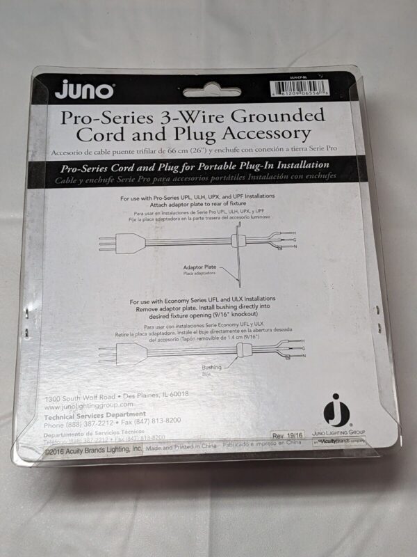 Juno Lighting 6’ Cord And Plug Connector 3-Wire Black ULH-CP-BL