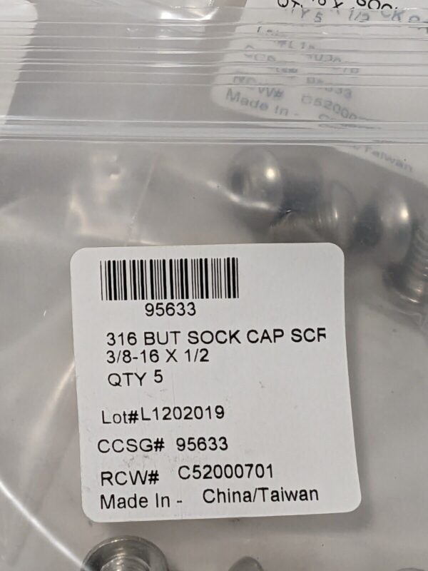 Button Socket Cap Screw: 3/8-16, 1/2" Length Under Head Qty. 100 95633