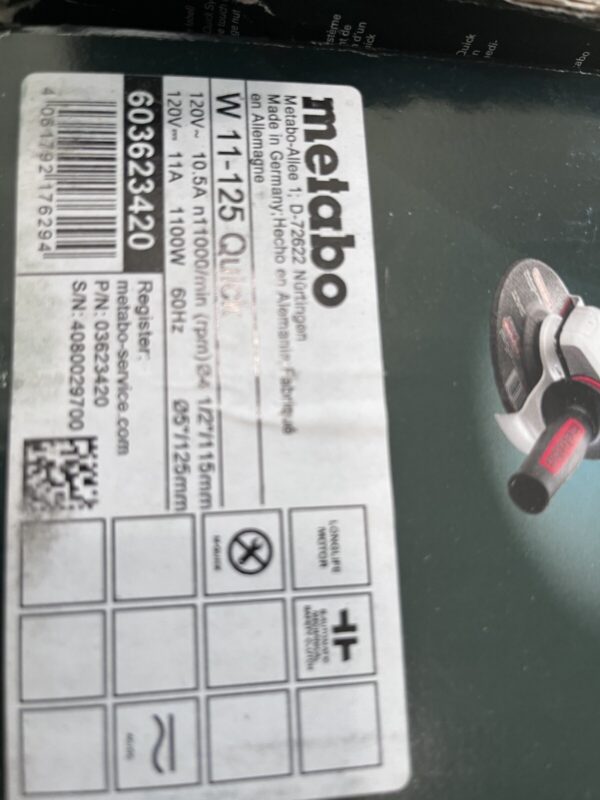 Metabo Corded Angle Grinder: 4-1/2 to 5" Wheel Dia, 11,000 RPM, 5/8-11 Spindle