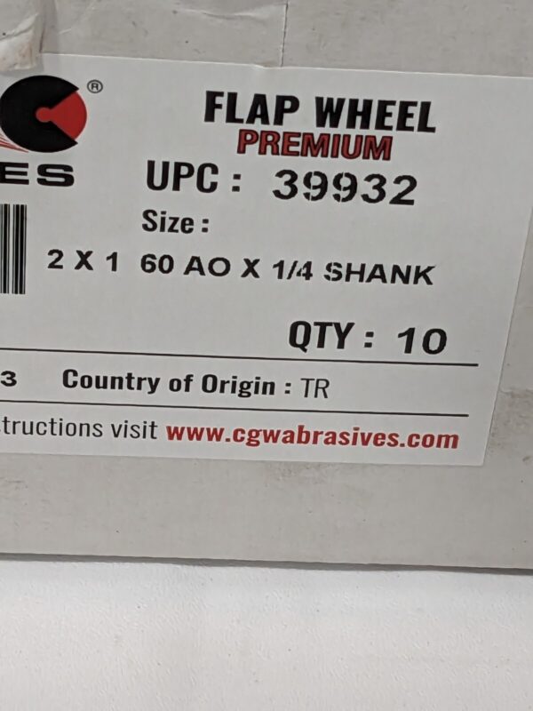 CGW Mounted Flap Wheel: 2" Dia, 1" Face Width, 60 Grit Qty 8 39932