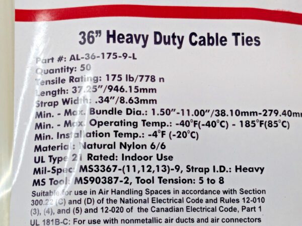 PACK OF 50 ACT 36" Heavy Duty Cable Ties AL-36-175-9-L