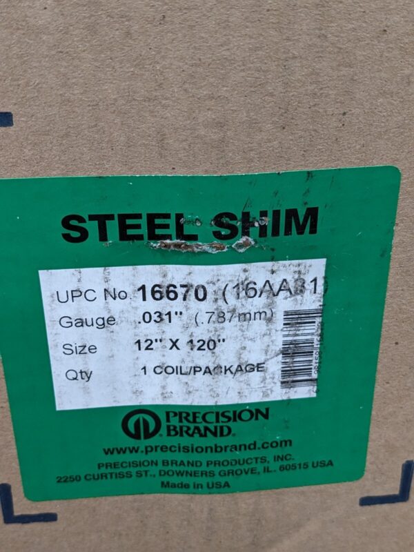 Precision Metal Shim Stock: Roll, 0.0310" T, 120" L, 12" W, 1010 Steel 16670