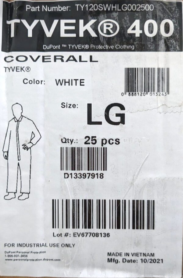 DUPONT Disposable Coveralls Large Tyvek 400 *Box of 25* TY120SWHLG002500