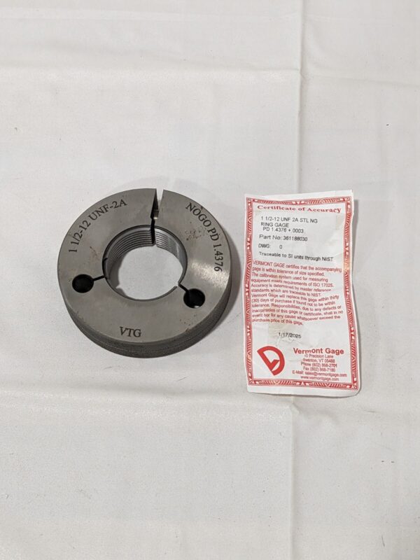Vermont Gage Threaded Ring Gage: 1-1/2-12 Thread, UNF, Class 2A, No Go 361188030