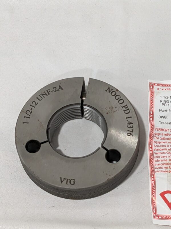 Vermont Gage Threaded Ring Gage: 1-1/2-12 Thread, UNF, Class 2A, No Go 361188030