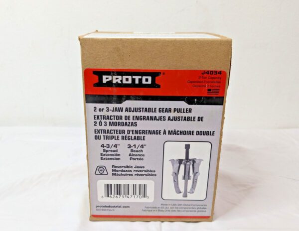 Proto 2 or 3 Jaw Adjustable Gear Puller 2 Ton 4-3/4" Spread X 3-1/4" Reach J4034