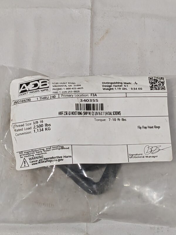 ADB HOIST RINGS Flip-Flop Hoist Ring: Screw-On, 2500 lb Capacity, 180° 34035S