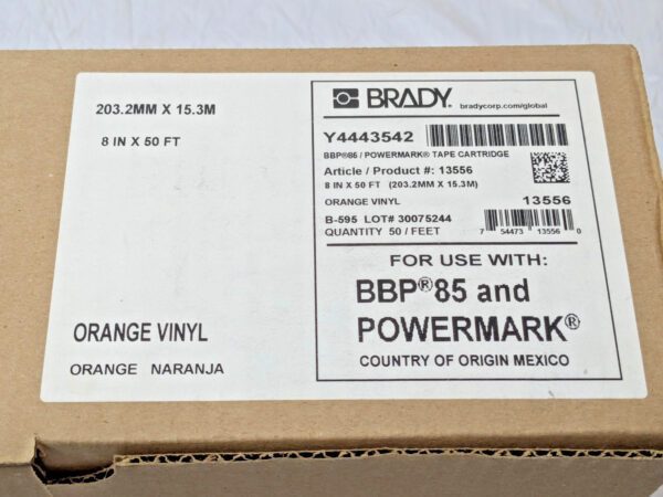 Brady Permanent Acrylic Orange Vinyl Label for BBP85 Printer 8" X 50 Ft 13556