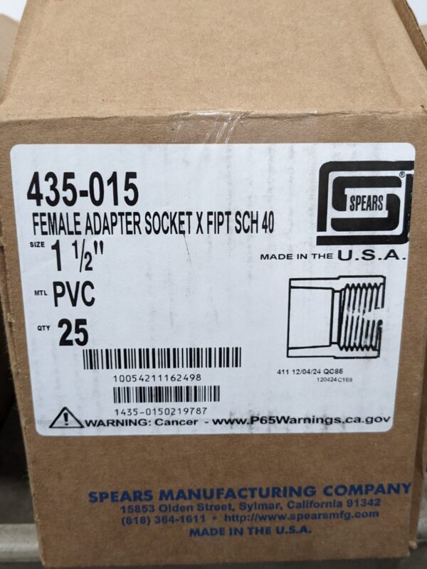 Spears 1-1/2" PVC Plastic Pipe Female Adapter, SCH 40 Qty 25 435-015