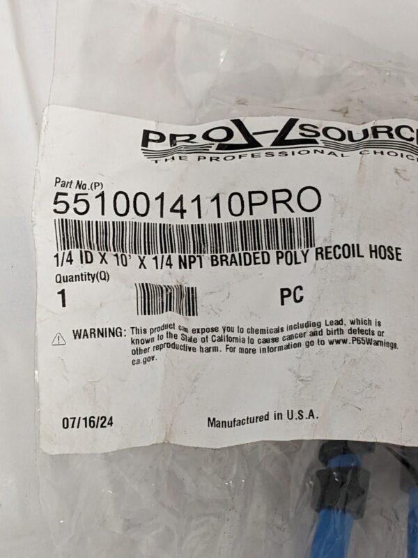 Pro Source 1/4" I.D. x 10' x 1/4" NPT Braided Poly Recoil Hose 5510014110PRO