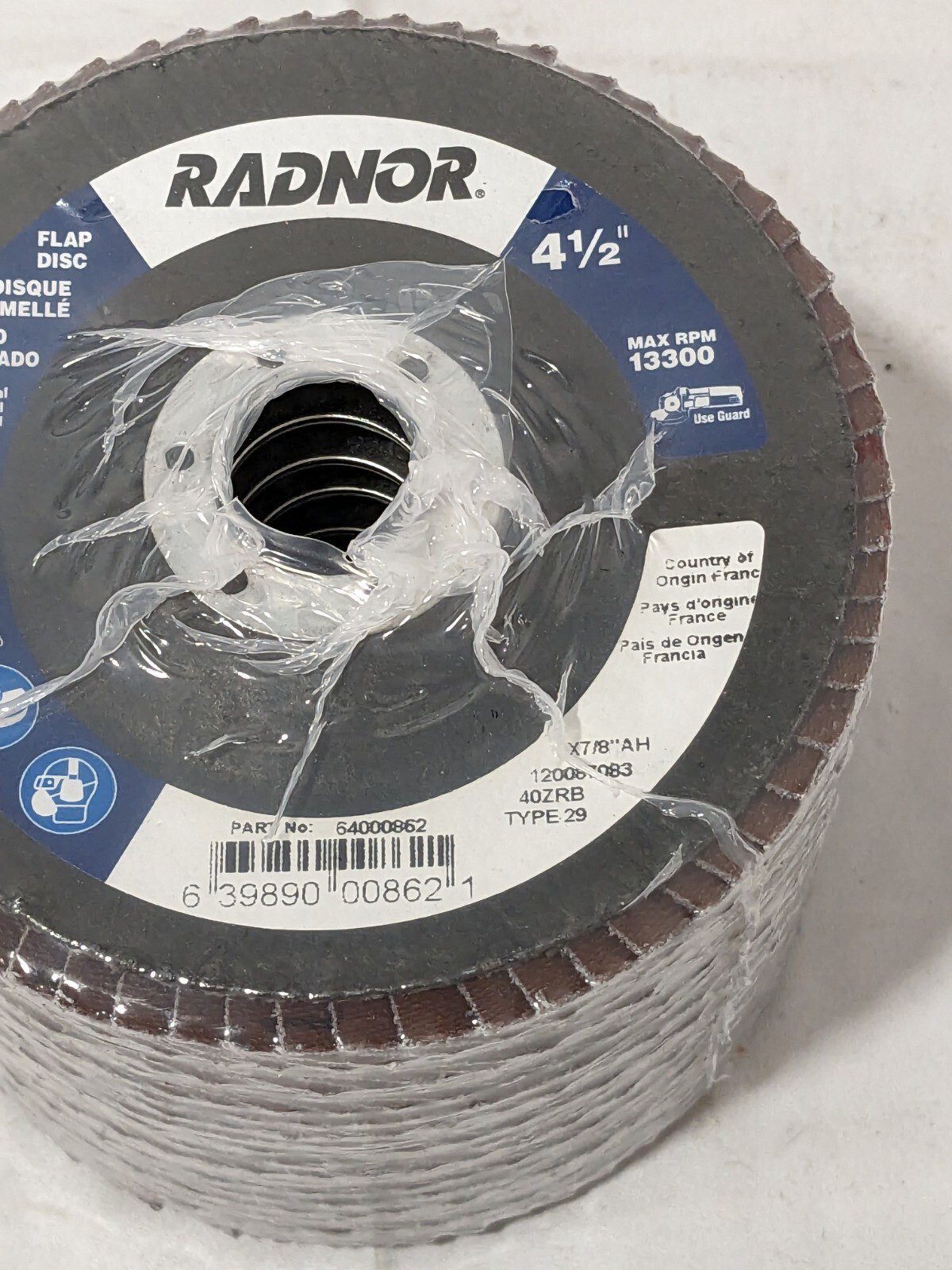Radnor Flap Disc: 4-1/2" Dia, 7/8" Hole, 40 Grit, Type 29 Qty 10 42322