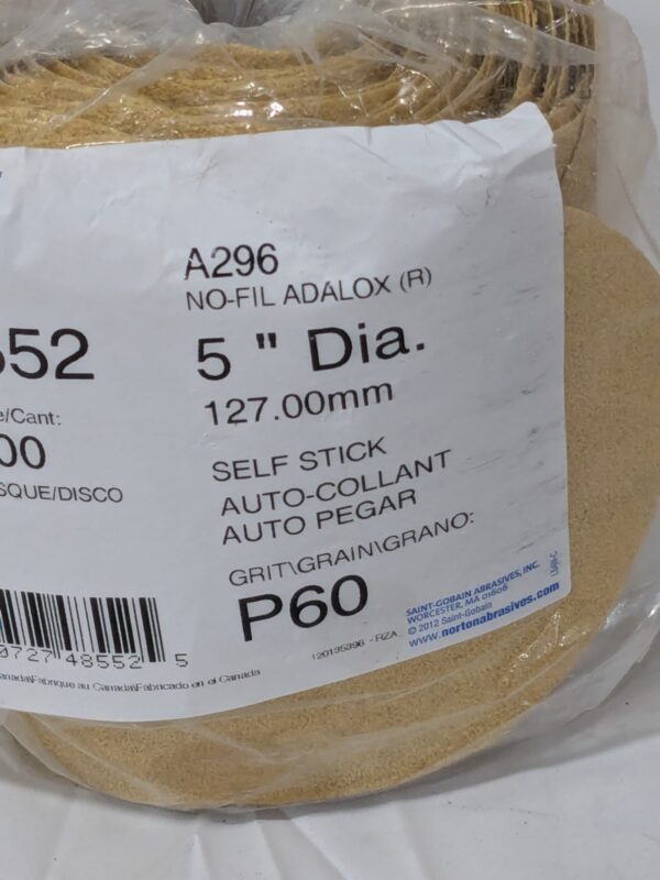 NORTON PSA Disc: 5″ Disc Dia, 60 Grit, Aluminum Oxide 78072748552