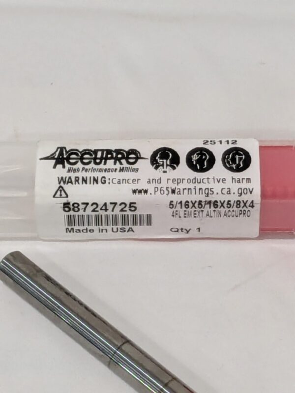 ACCUPRO End Mill: 5/16" Dia, 5/8" LOC, 4 Flute, Solid Carbide 58724725
