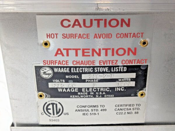 WAAGE Hot Plate 12" X 12" X 6" 115V 1600W 300-650 Degrees 1212-5-1