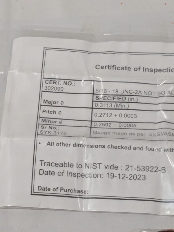 SPI Threaded Ring Gage: 5/16-18 Thread, Class 2A, No Go 23-157-1