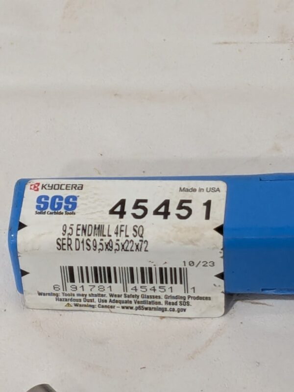 SGS Square End Mill: 9.5 mm Dia, 22 mm LOC, 4 FL 45451