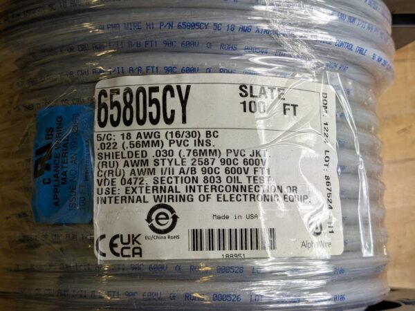 100 Ft. Spool of Alpha Wire Xtra-Guard Flexible Control Cable 5C 18AWG 65805CY