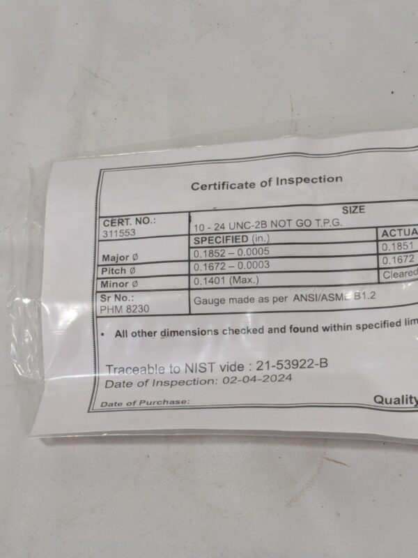SPI Plug Thread Gage: #10-24 Thread, 2B Class, No Go 34-367-3