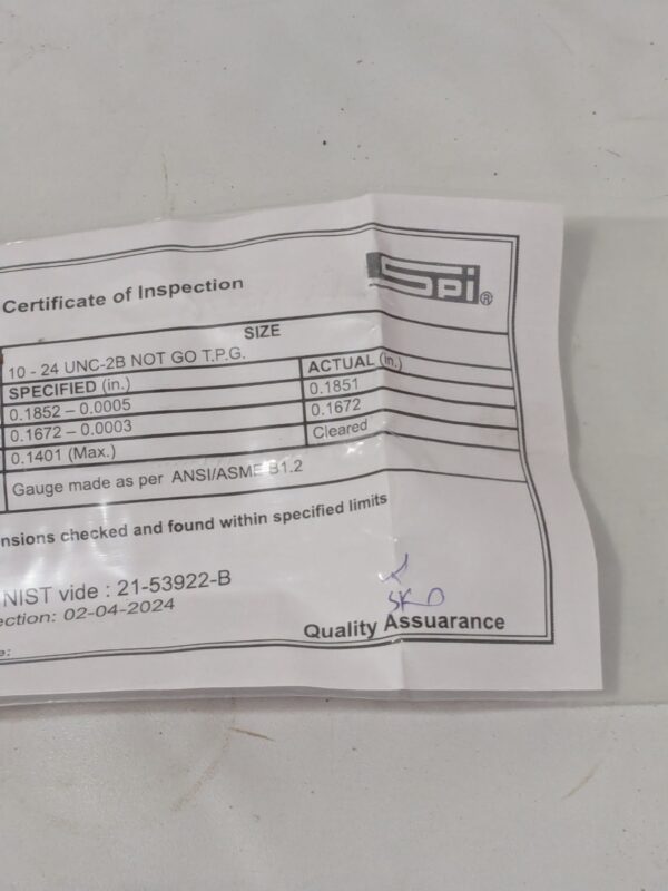 SPI Plug Thread Gage: #10-24 Thread, 2B Class, No Go 34-367-3