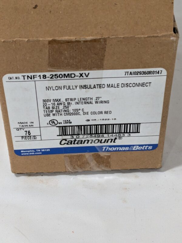 T&B Wire Disconnect Male, Nylon, 22-16 AWG, 1/4" Tab Width Qty 75 TNF18-250MD-XV